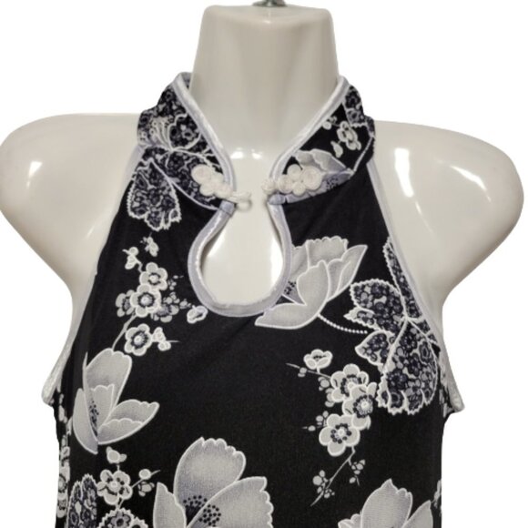 𝅺FLORAL Black White Mandarin Collar Chinese Cheongsam Style Sleeveless Dress S/ - Picture 3 of 9